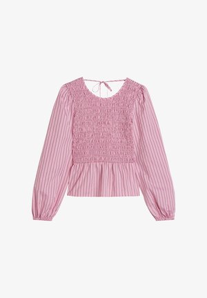 Ροζ μπλούζα με μακριά μανίκια και κάθετες μαύρες ρίγες, με σφηκοφωλιά στο μπροστινό μέρος, σούρες στη μέση και κλείσιμο με κορδέλα στο πίσω μέρος του λαιμού.