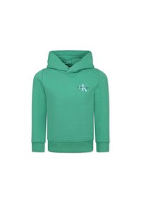 Felpa verde in cotone, con tasca tipo kangaroo frontale, polsini e orlo ribattuti, e logo sul lato sinistro del petto.