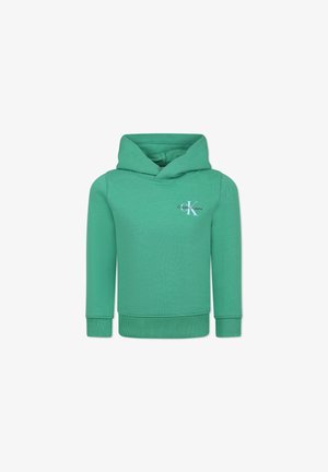 Felpa verde in cotone, con tasca tipo kangaroo frontale, polsini e orlo ribattuti, e logo sul lato sinistro del petto.