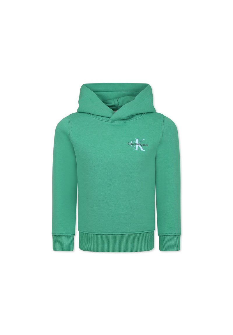 Felpa verde in cotone, con tasca tipo kangaroo frontale, polsini e orlo ribattuti, e logo sul lato sinistro del petto.