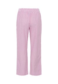 Pink and white striped pants with an elastic waistband, featuring a loose fit and lightweight fabric, designed for comfort and ease of movement.