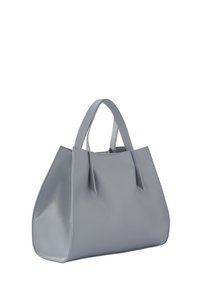 Borsa a tote in pelle grigia con una forma strutturata, doppi manici e dettagli di cucitura sottili. Texture liscia e design minimalista.