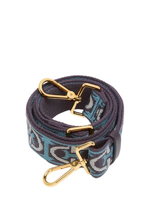 Cinturino in tessuto intrecciato con motivo geometrico blu e viola, dotato di clip in metallo dorato a ciascun estremo e un accento in pelle liscia.