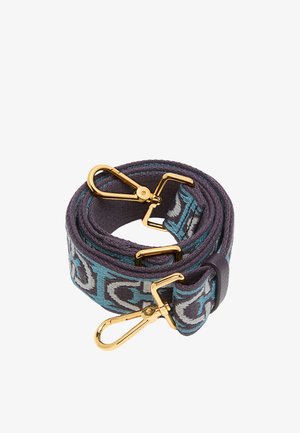 Cinturino in tessuto intrecciato con motivo geometrico blu e viola, dotato di clip in metallo dorato a ciascun estremo e un accento in pelle liscia.