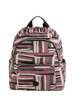 Rucksack mit abstraktem geometrischen Muster in Mauve, Beige, Schwarz und Olivgrün, ausgestattet mit mehreren Reißverschlussfächern und einem schwarzen Griff.