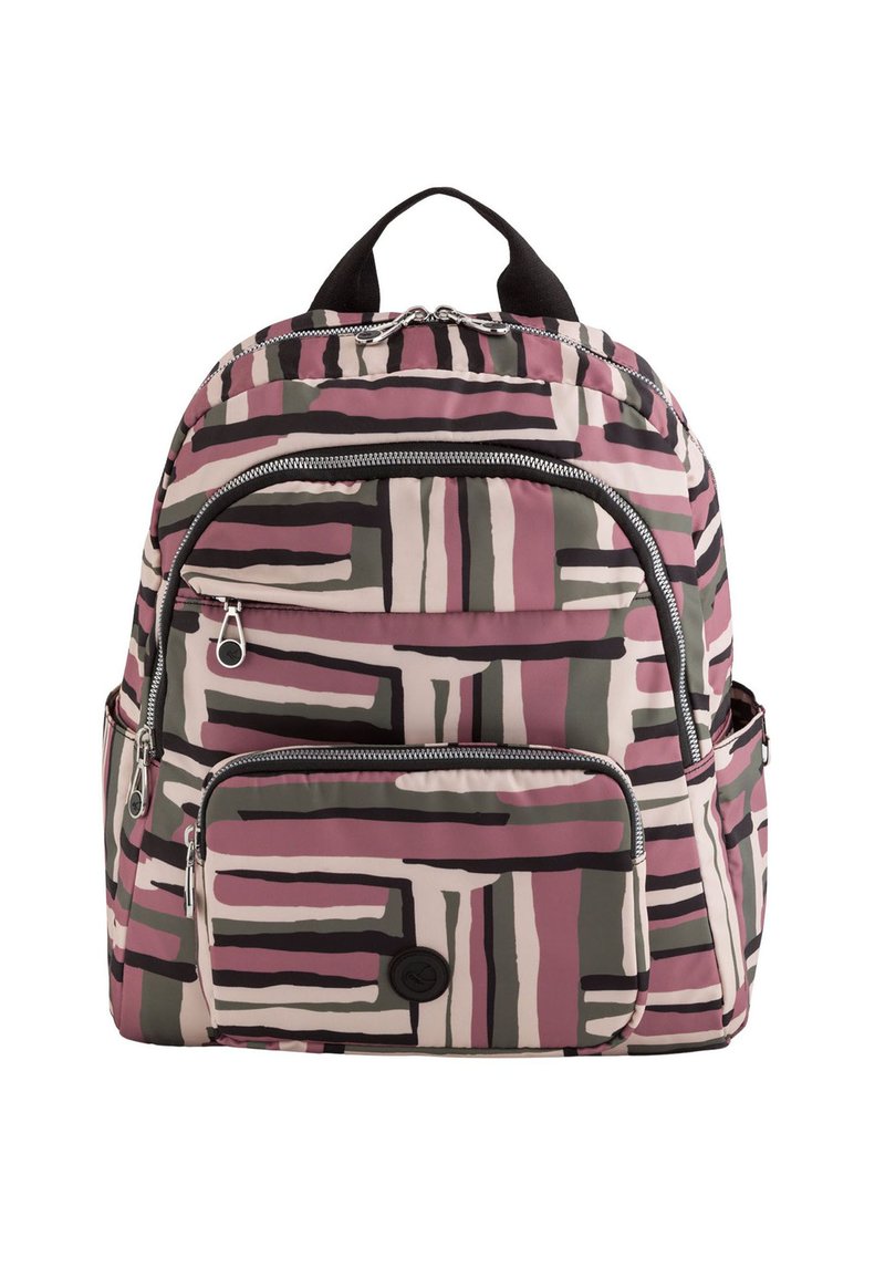 Rucksack mit abstraktem geometrischen Muster in Mauve, Beige, Schwarz und Olivgrün, ausgestattet mit mehreren Reißverschlussfächern und einem schwarzen Griff.