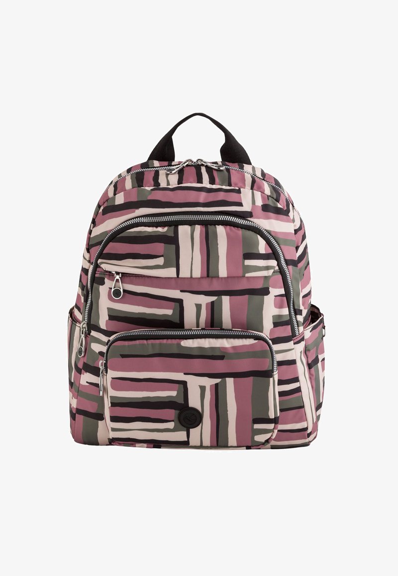 Reppu, jossa on abstrakti geometrinen kuvio mauven, beige, mustan ja oliivinvihreän sävyissä. Varustettu useilla vetoketjullisilla osioilla ja mustalla kahvalla.