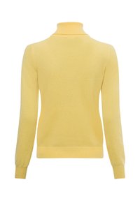 Gelbes Rollkragensweatshirt, weiche Strickstruktur, enganpassendes Design, lange Ärmel, gerippte Bündchen und Kragen, schlicht ohne Muster oder Verzierungen.