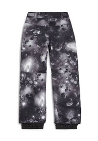 Pantalon de neige noir et gris avec un imprimé cosmique, doté d'une coupe ample, de poignets élastiques et de poches zippées. Tissu lisse et imperméable.