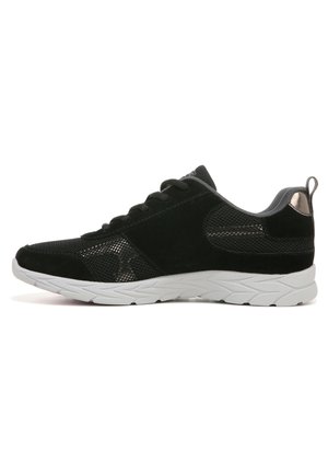 Black athletic shoes featuring a combination of suede and mesh materials, a white textured sole, and a grey accent at the heel.