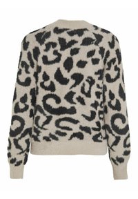 Übergroßer Pullover in Creme mit schwarzem abstraktem Leopardenmuster. Weicher, strukturierter Stoff; lange Ärmel mit gerippten Bündchen; einfacher runder Ausschnitt.