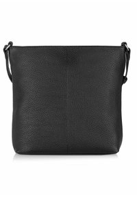 Czarna skórzana torebka o fakturowanej powierzchni, prostokątnym kształcie i regulowanym pasku na ramię. Charakteryzuje się minimalistycznym designem i brakiem widocznego okucia.