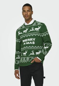 Maglione a maglia verde con renne bianche, fiocchi di neve e il testo "MERRY X-MAS". Design classico con scollo a girocollo e polsini e orlo a costine.