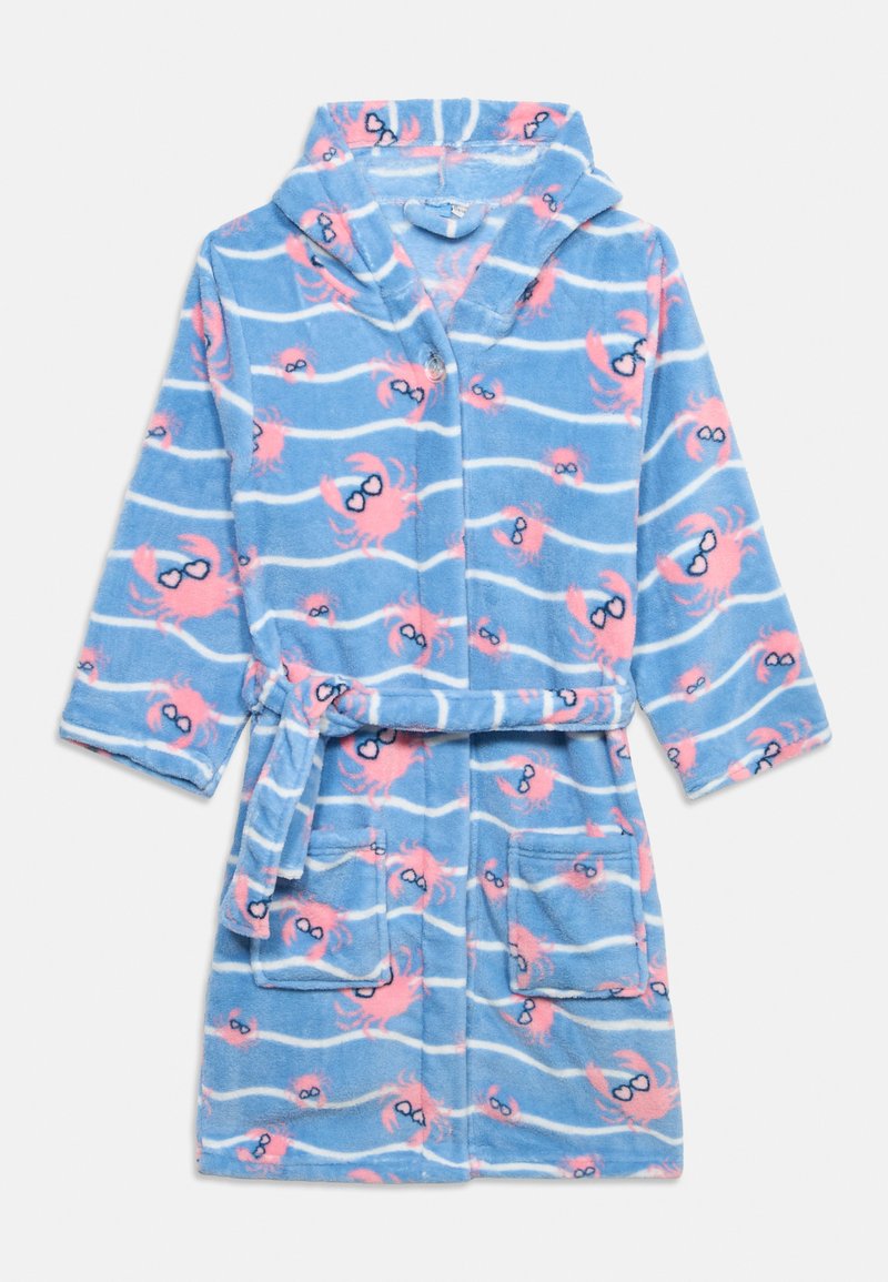 Μπλε παιδικό μπουρνούζι με κουκούλα, λευκές κυματιστές ρίγες και ροζ καβούρια που φοράνε μαύρα γυαλιά ηλίου, με μπροστινές τσέπες και ζώνη στη μέση.