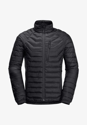 Schwarze isolierte Jacke mit Stehkragen, Reißverschluss-Brusttasche, Chevron-Steppdesign und elastischen Bündchen. Leicht und mit glatter Textur.