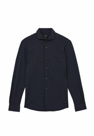 Tengerészkék hosszú ujjú férfi ing, gombos előlappal, hegyes gallérral, egyetlen mellzsebbel és gombos mandzsettával.