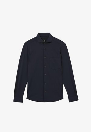 Dunkelblaues Herrenhemd mit langen Ärmeln, Knopfleiste vorne, spitzem Kragen, einer Brusttasche und mit Knöpfen versehenen Manschetten.