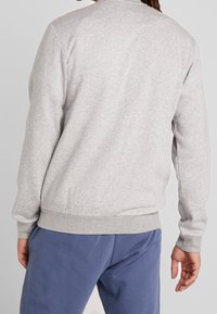 Sweatshirt gris avec un col rond et des poignets côtelés, présentant une texture lisse et une coupe décontractée. Porté avec un pantalon de survêtement bleu.