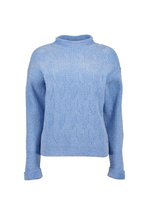 Maglione azzurro chiaro lavorato a trecce con maniche lunghe, polsini arrotolati e collo a giro, mostrato su sfondo bianco.