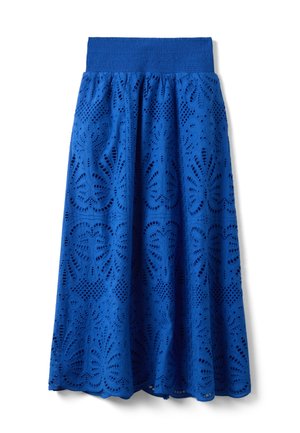 Gonna midi blu con ampia fascia elastica in vita e intricato motivo floreale in pizzo sangallo su tutto il tessuto.