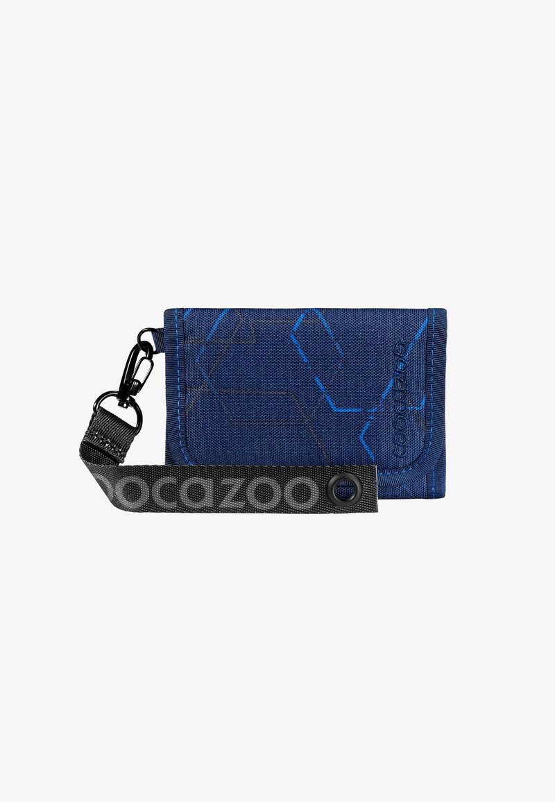 Navy blue wallet made of durable fabric, featuring a geometric pattern in light blue, a wrist strap, and a clip for attachment.