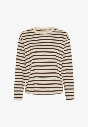 Langærmet top i cremefarve med brune vandrette striber, der har rund halsudskæring og en afslappet pasform. Bomuldsmateriale med en glat tekstur.