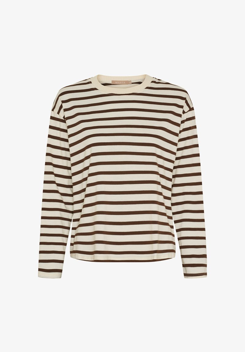 Langærmet top i cremefarve med brune vandrette striber, der har rund halsudskæring og en afslappet pasform. Bomuldsmateriale med en glat tekstur.