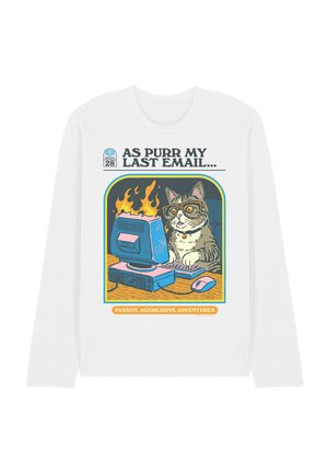 Cat wearing glasses typing at burning computer with text "As purr my last email" and "Passive Aggressive Adventures" on white long-sleeve shirt.