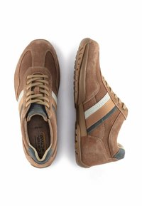 Bruine suede sneakers met gaaspanelen, voorzien van witte en grijze strepen, ronde neus, textuurzolen en een gevoerde inlegzool.