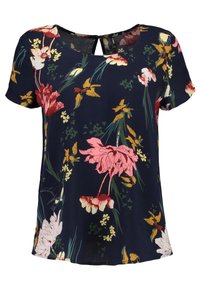 Blusa blu navy a maniche corte con collo rotondo, caratterizzata da una stampa floreale e di uccelli nei colori rosa, giallo, verde e bianco.