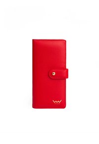 Red leather wallet with a button closure, featuring a gold hardware accent and the VUCH logo embossed on the bottom right corner.