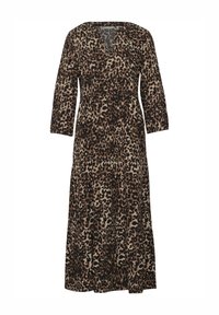 Vestido de estampado de leopardo con mangas tres cuartos, escote en V, dobladillo en capas y tejido suave, que presenta tonalidades de beige, marrón y negro.