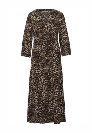 Abito con stampa leopardata, maniche a tre quarti, scollo a V, orlo a strati e tessuto morbido, che presenta tonalità di beige, marrone e nero.