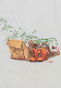 Illustratie van twee kartonnen dozen en feloranje rubberen laarzen, met groene wijnstokken op de achtergrond tegen een gestructureerde, lichtgekleurde stof.