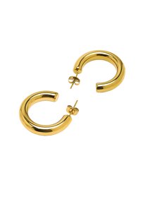 Złote kolczyki w kształcie kół z gładkim, błyszczącym wykończeniem. Każdy z kolczyków ma zaokrąglony, gruby kształt oraz zapięcie na wkręt.