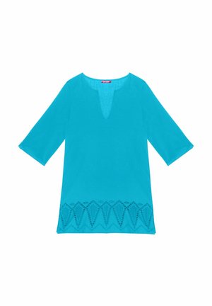 Turquoise linen top with three-quarter sleeves, featuring a V-neckline and detailed geometric cutout pattern along the hem.