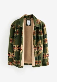 Veste en fleece verte avec des motifs tribaux en rouge, beige et bleu marine. Doublée d'un intérieur en sherpa crème et dotée d'un col.