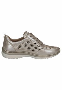 Metallisk beige träningsskor med perforerat ovandel, rund tå och snördesign. Har en dämpad sula och en hälflik för enkel påtagning.
