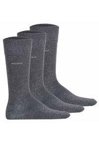 Graue Baumwollsocken, kniehoch, mit geripptem Bündchen oben, glatter Textur und dezentem Branding nahe dem Knöchel. Dreier-Pack.