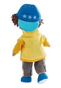 Child doll wearing a blue cap with three stars, yellow jacket, gray pants, and blue shoes shown from the back.