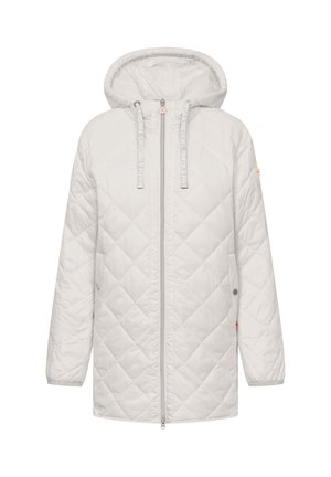 Biała pikowana kurtka z kapturem, zamkiem z przodu, elastycznymi mankietami i ozdobnymi sznurkami marki Frieda & Freddies.