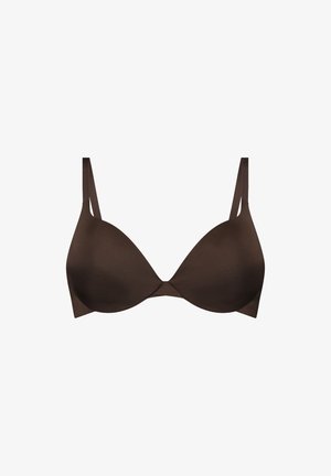 Soutien-gorge sous-vêtements marron sans couture avec des bretelles ajustables fines et une texture lisse. Présente un décolleté plongeant et aucun matériel visible.