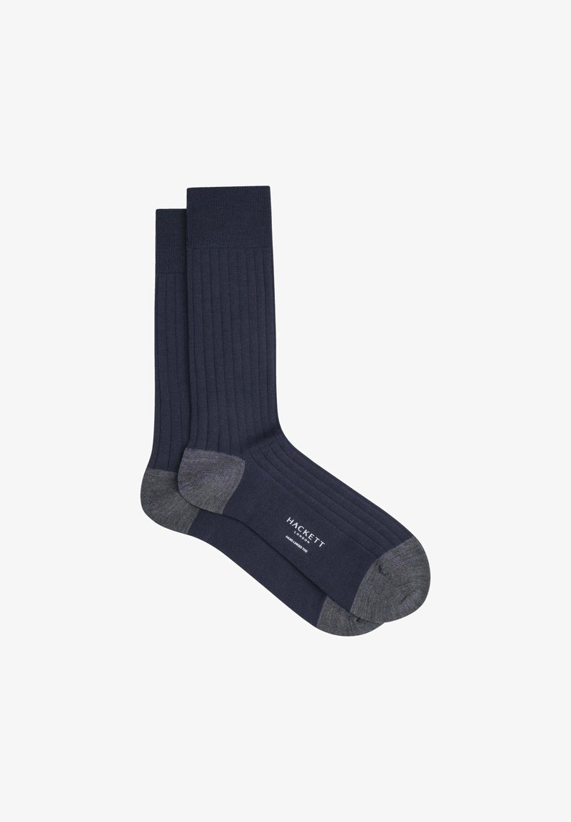 Calcetines de rayas en color navy con talones y punteras en gris; material de punto suave; presenta el logo en el lateral.