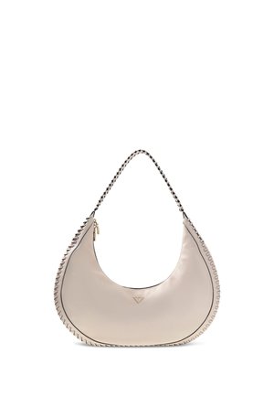 Beige crescent-shaped leather handbag with braided handle and decorative stitching along edges, featuring a small triangular logo on front.