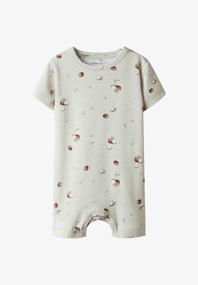 Light grey short-sleeve onesie featuring a playful pattern of brown and white fruits. Material appears soft, with snap closures at the bottom.