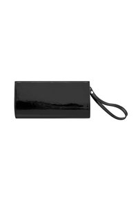 Schwarze lackierte Leder-Clutch mit einer schlanken rechteckigen Form, einem Handgelenkriemen und sauberen Kanten. Keine sichtbaren Muster oder Hardware-Details.