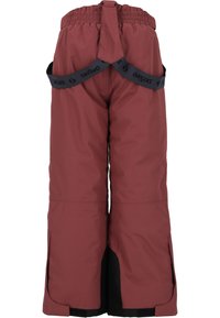 Pantalons de neige bordeaux avec une taille élastique, des bretelles ajustables et des accents noirs. Comprend des évents latéraux et une texture lisse et imperméable.