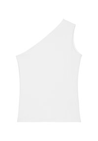 Valkoinen hihaton epäsymmetrinen toppi, jossa on yksi olkaimeen ja suora helmaviiva, litteänä valkoista taustaa vasten.