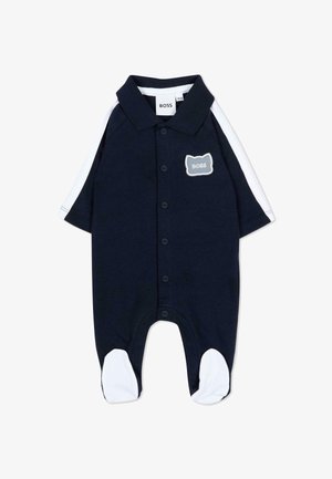 Body per neonati blu navy con strisce bianche sulle maniche, gambine con piedini, bottoni frontali, colletto e una toppa grigia con il testo "BOSS".
