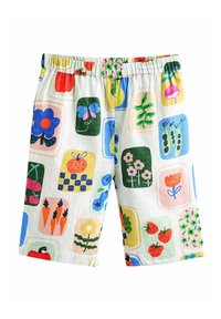 Färggranna bomullsshorts med blommiga och frukttoner i rutor. Har ett elastiskt midjeband och en lös passform. Bakgrunden är vit.